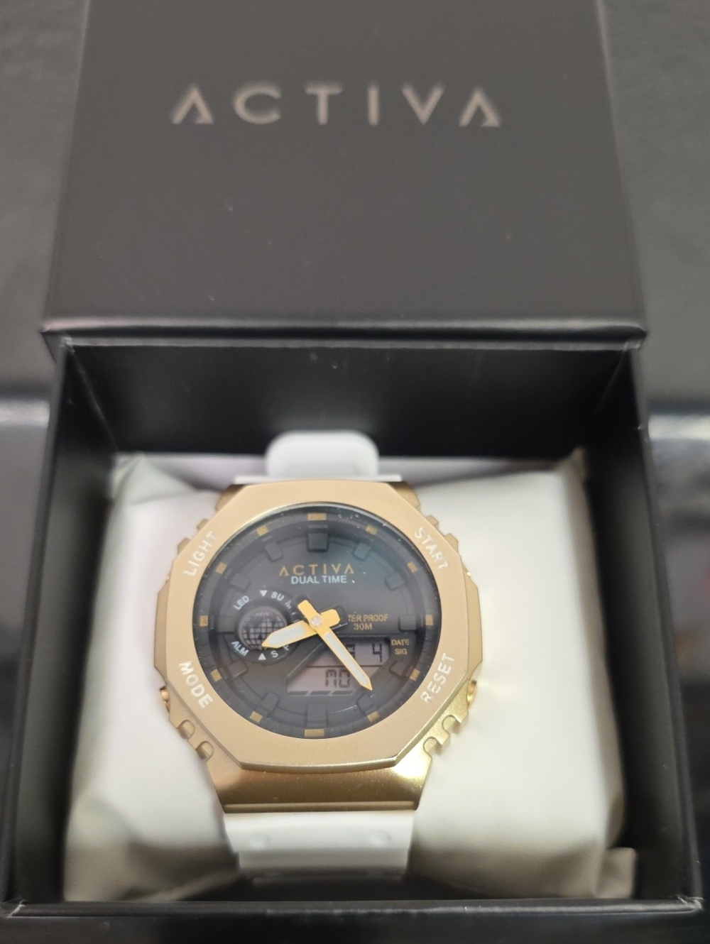 Activa Dual Time Gold Tone Analog Digital Watch White Band New